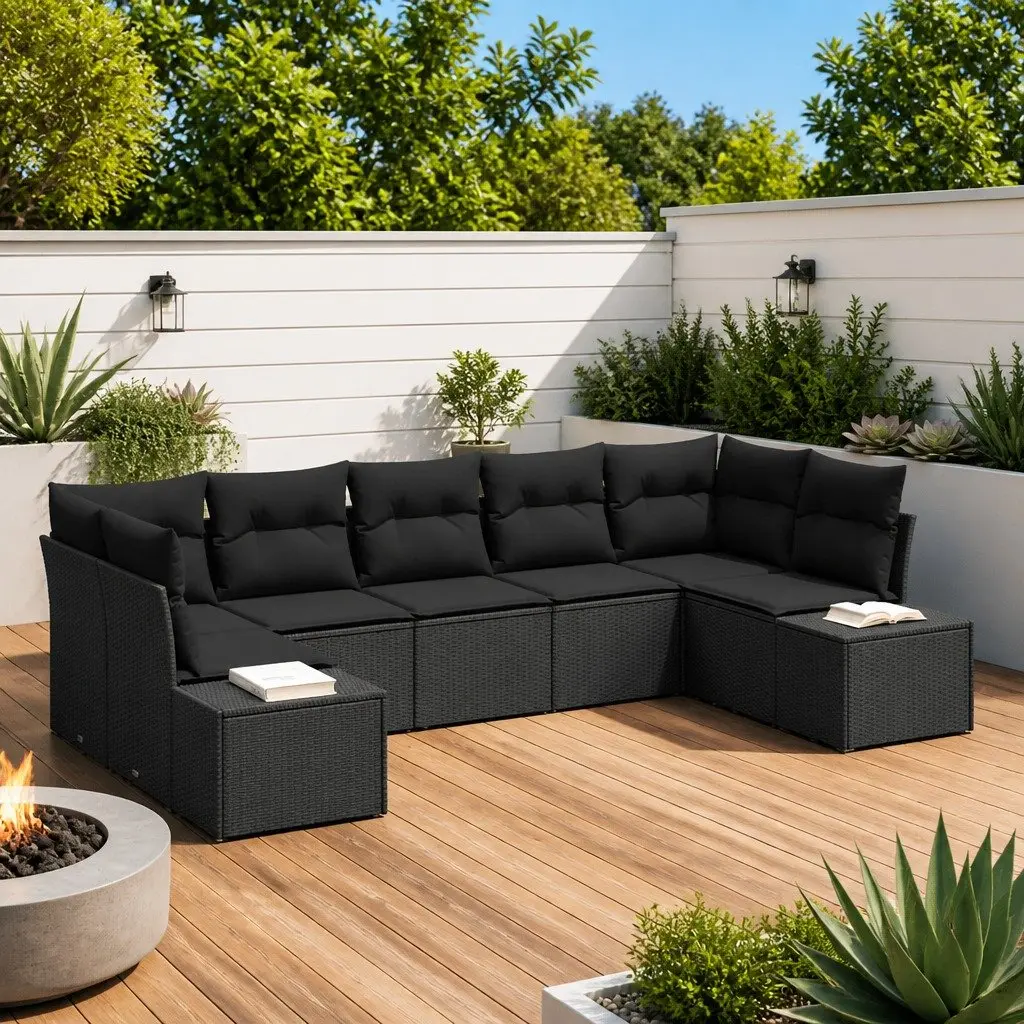 Outdoor Sofa Set Modular Black Poly Rattan 7 Pieces