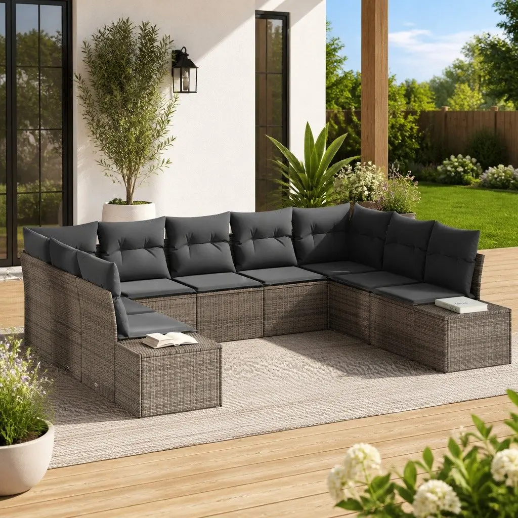 Modular Outdoor Sofa Set 9 Piece Grey Cushioned Poly Rattan for Relaxation and Entertaining