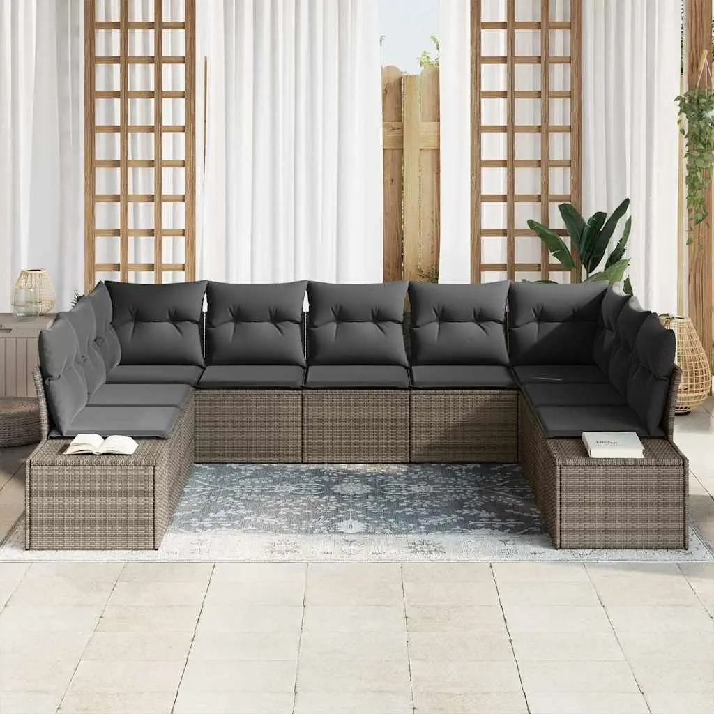 Modular Outdoor Sofa Set 9 Piece Grey Cushioned Poly Rattan for Relaxation and Entertaining