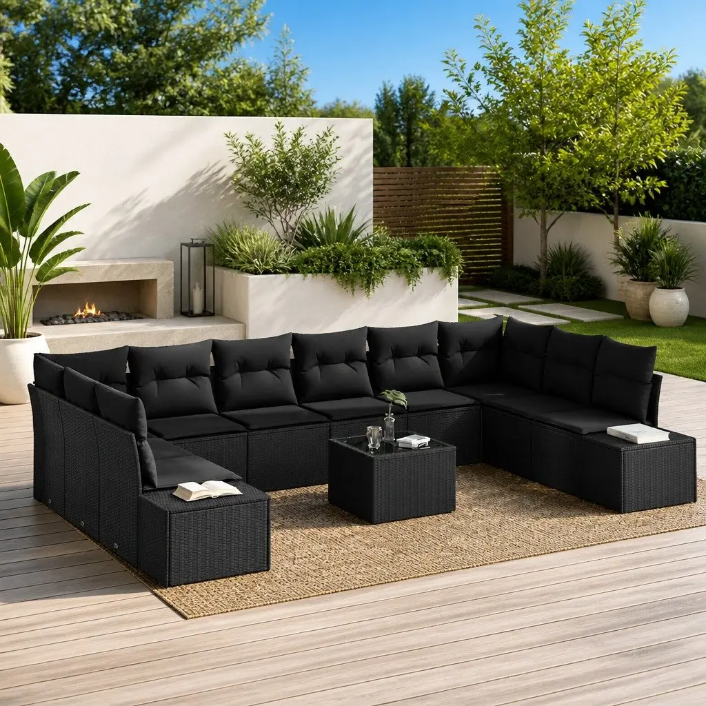 Outdoor Garden Sofa Set Modular Black Poly Rattan 10 Piece