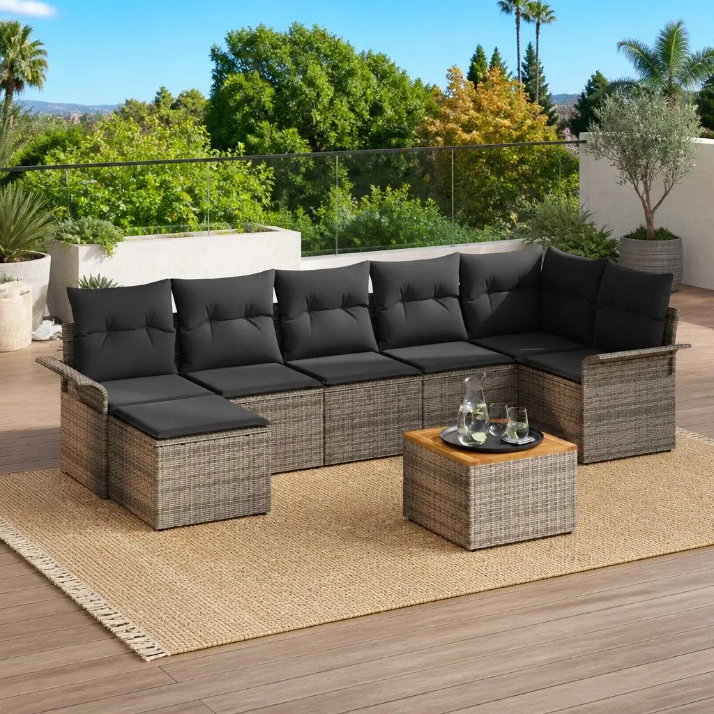 8 Piece Modular Outdoor Sofa Set Grey Poly Rattan with Garden Table and Foam Cushions