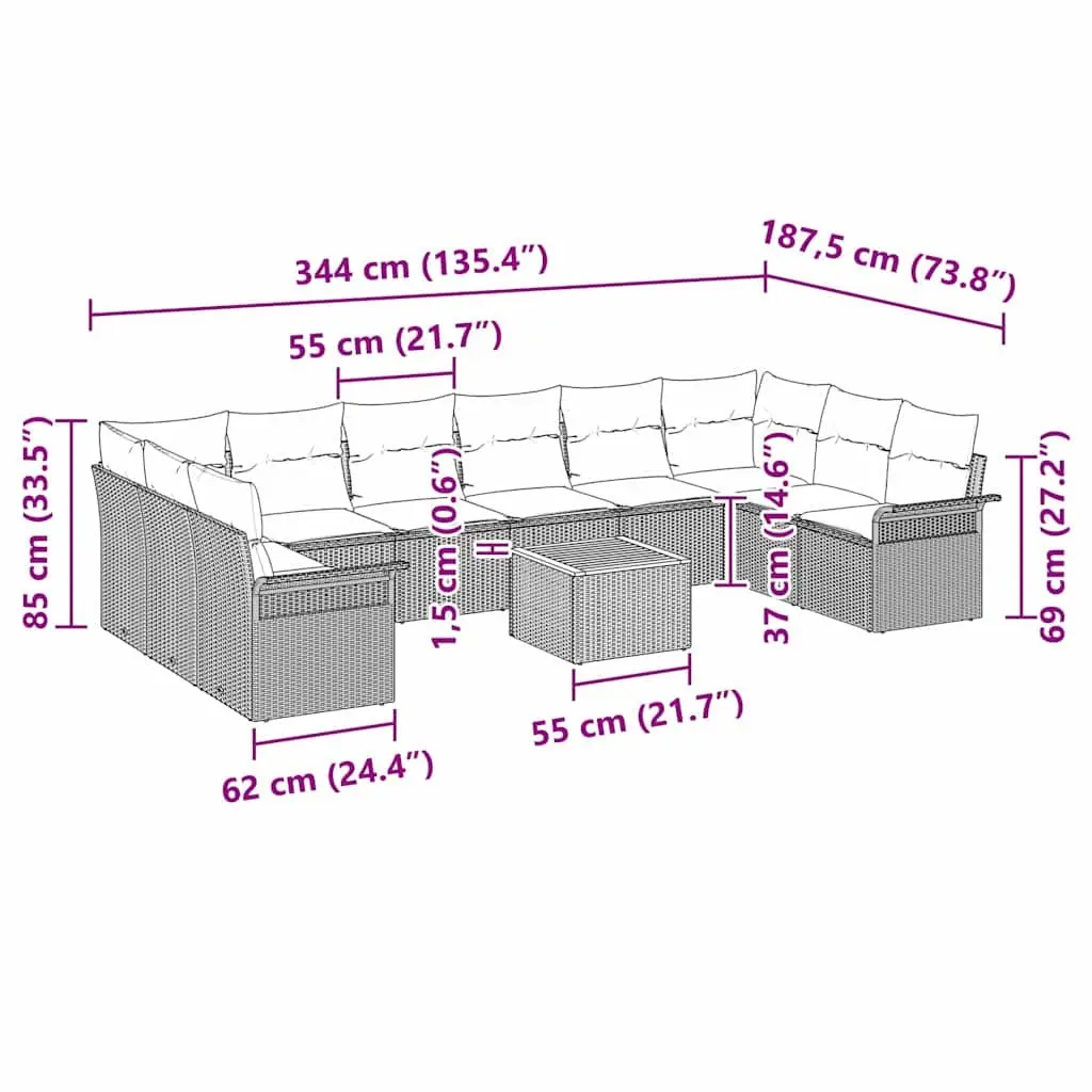Modular Garden Sofa Set 11 Piece Grey Poly Rattan with Table
