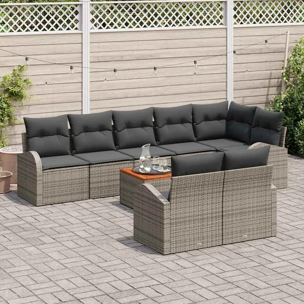 Modular Outdoor Garden Sofa Set 9 Piece Grey Poly Rattan and Solid Acacia Wood