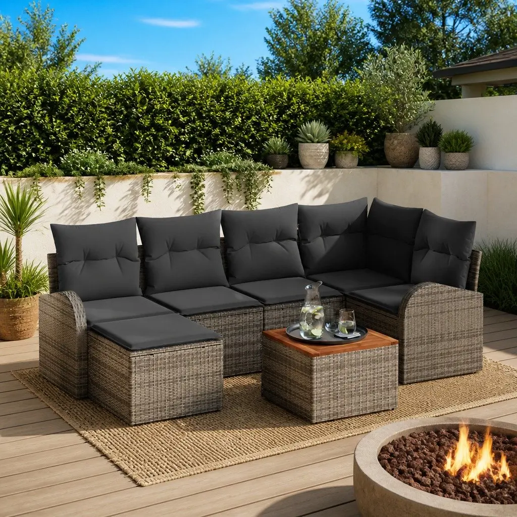 Garden Sofa Set 7 Piece Modular Outdoor Patio Furniture Grey Poly Rattan with