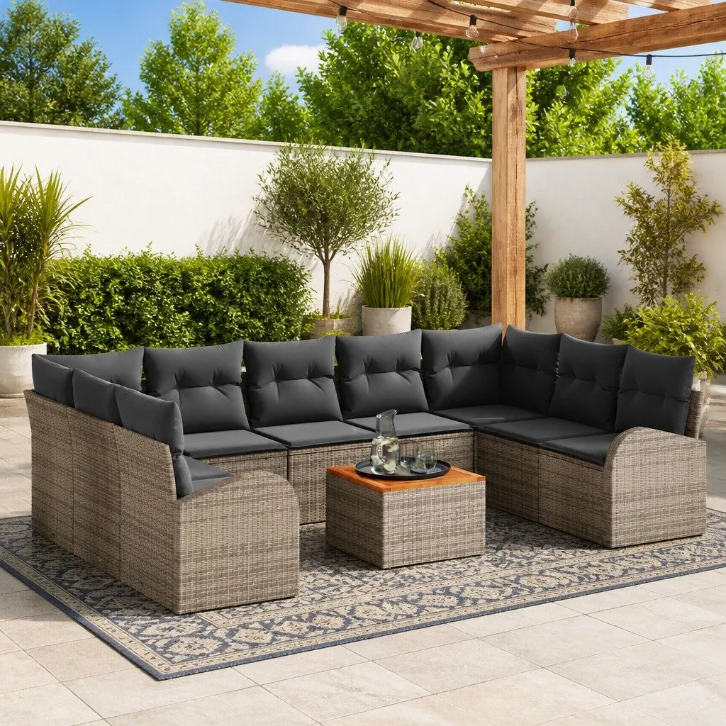 Garden Sofa Set Modular Outdoor Furniture 10 Pieces Grey Poly Rattan with