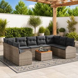Garden Sofa Set Modular Outdoor Furniture 10 Pieces Grey Poly Rattan with