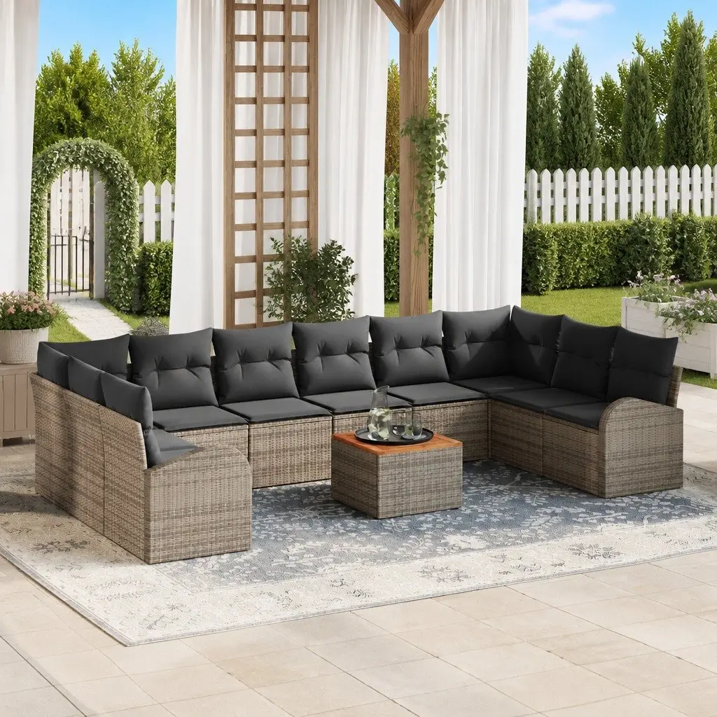 Modular Outdoor Lounge Sofa Set 11 Piece Grey Poly Rattan Acacia Wood