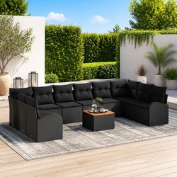 Outdoor Garden Sofa Set 11 Pcs Modular Black Poly Rattan Corner Lounge Furniture
