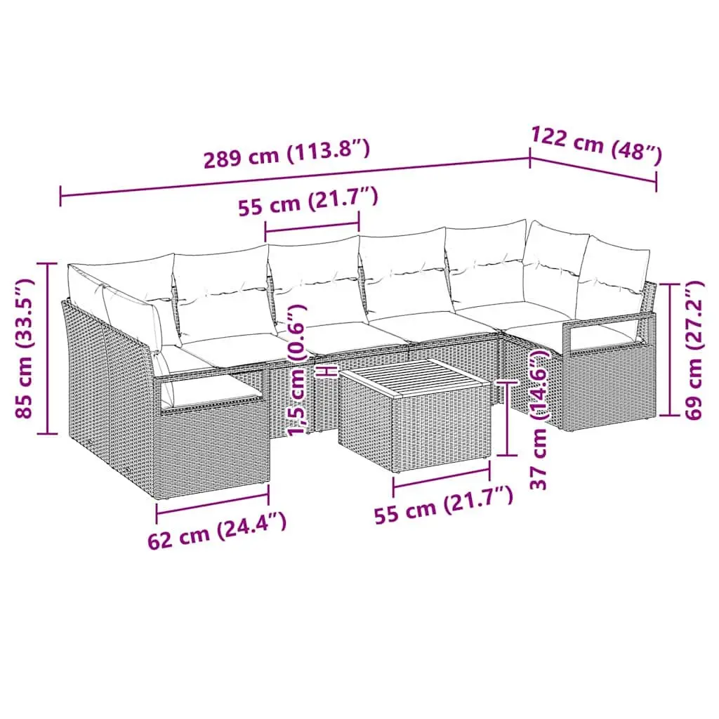Garden Sofa Set Modular Outdoor Furniture Grey Poly Rattan 8 Pieces with Storage