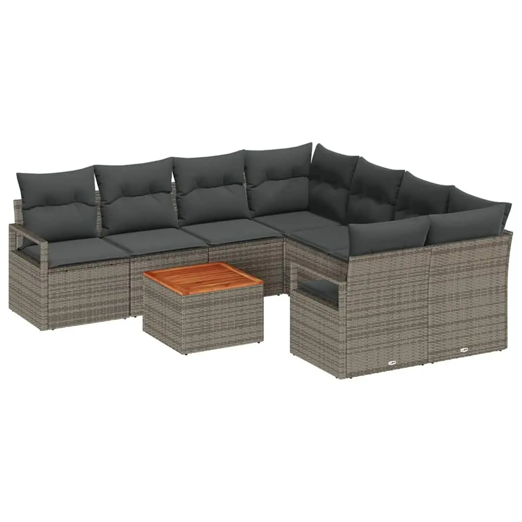 Modular Outdoor Lounge Sofa Set 9 Pieces Grey Poly Rattan Acacia Wood