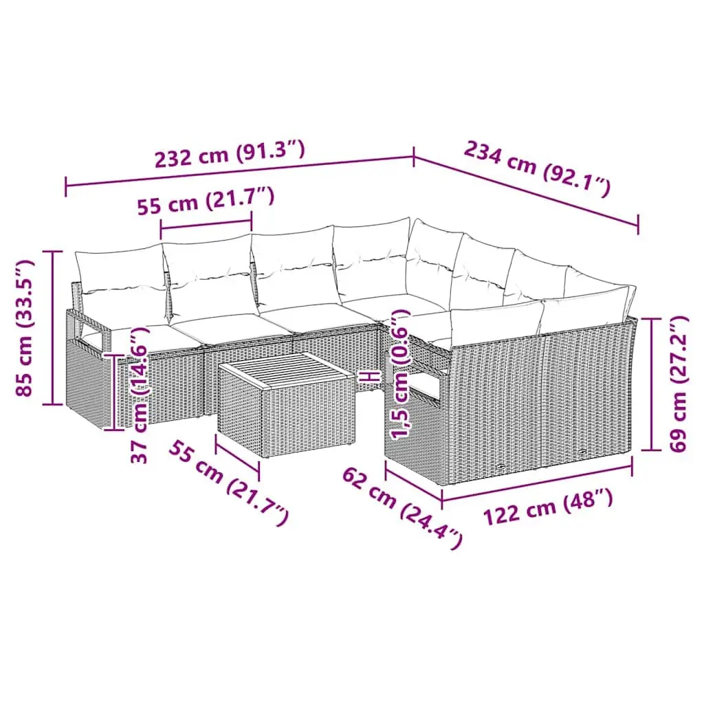Modular Outdoor Lounge Sofa Set 9 Pieces Grey Poly Rattan Acacia Wood