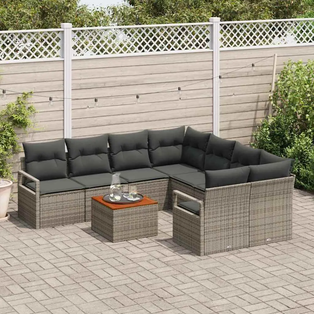 Modular Outdoor Lounge Sofa Set 9 Pieces Grey Poly Rattan Acacia Wood