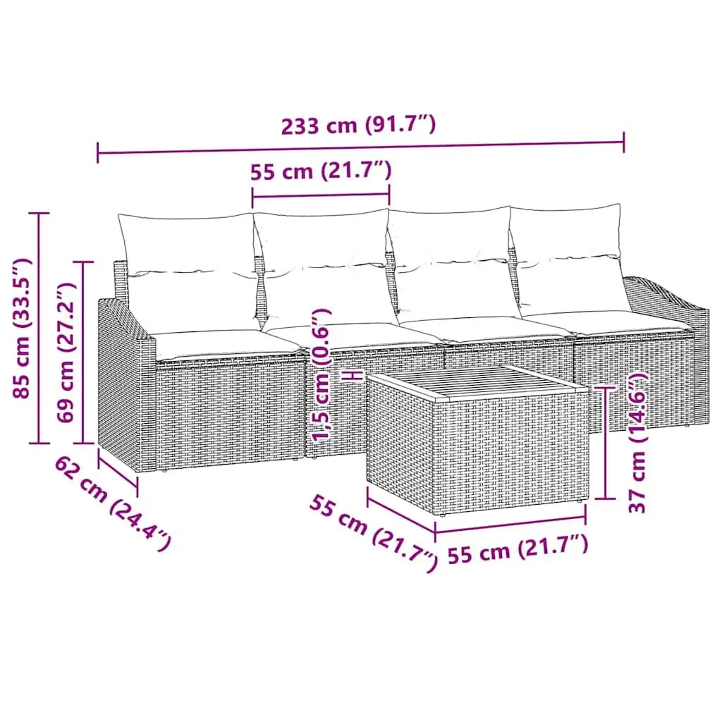 Garden Sofa Set 5-Piece Outdoor Sectional Poly Rattan Modular Seating with