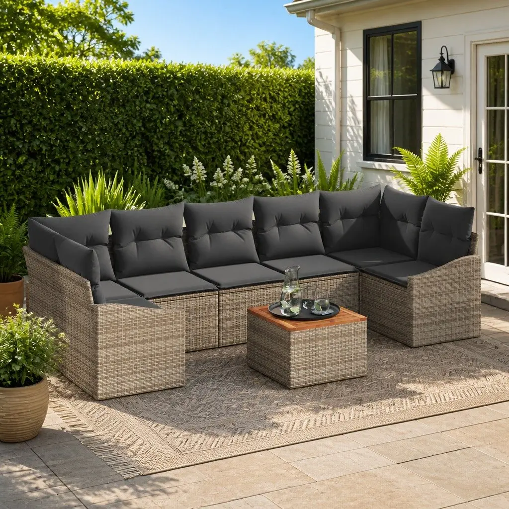 Modular Outdoor Sofa Set 8 Piece Grey with Storage Table Poly Rattan Acacia Wood Powder Coated Steel Frame