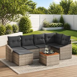 Modular Garden Sofa Set 7 Pieces Grey Poly Rattan Outdoor Furniture with Storage