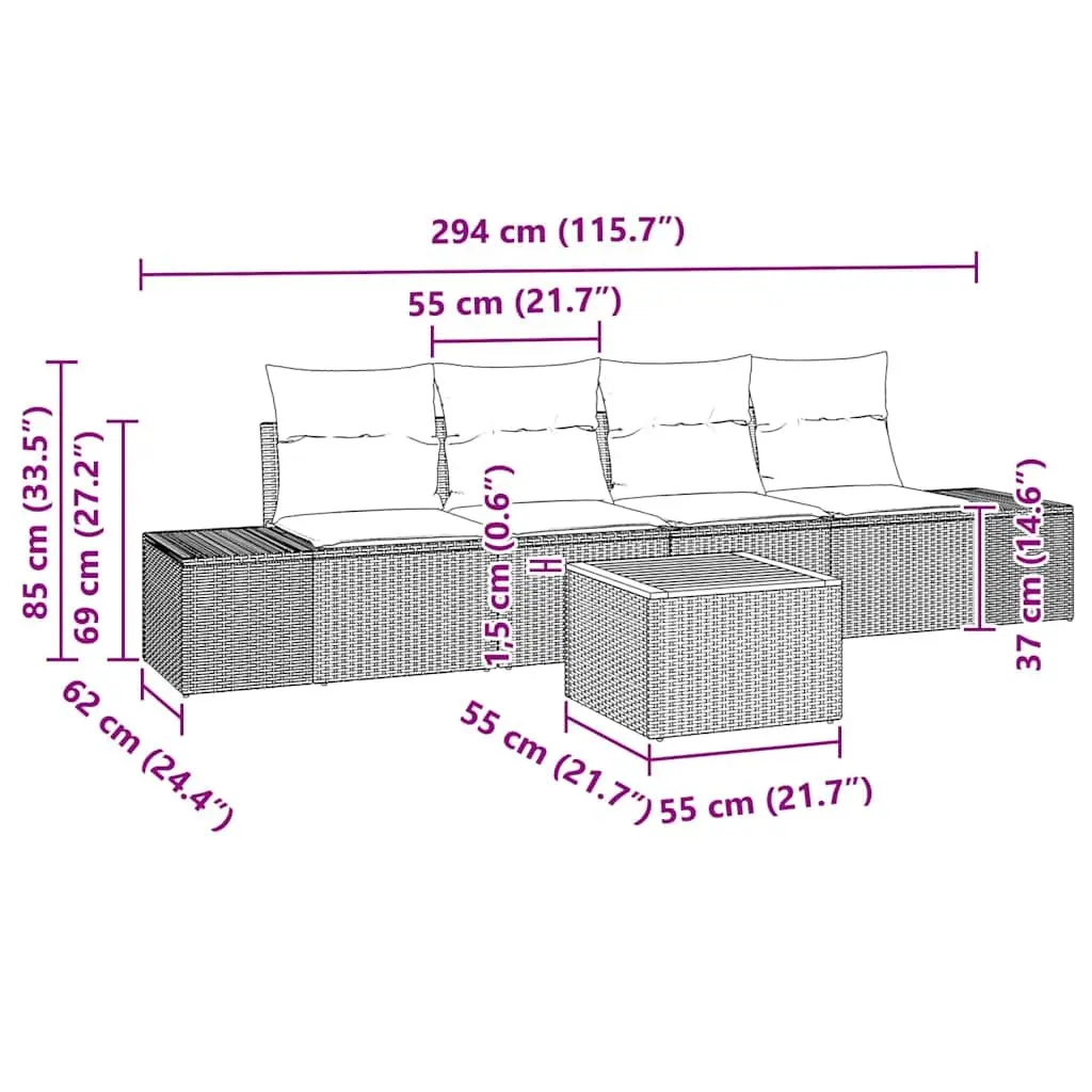 Outdoor Garden Sofa Set Modular Grey 5 Piece Rattan Furniture Patio Lounge