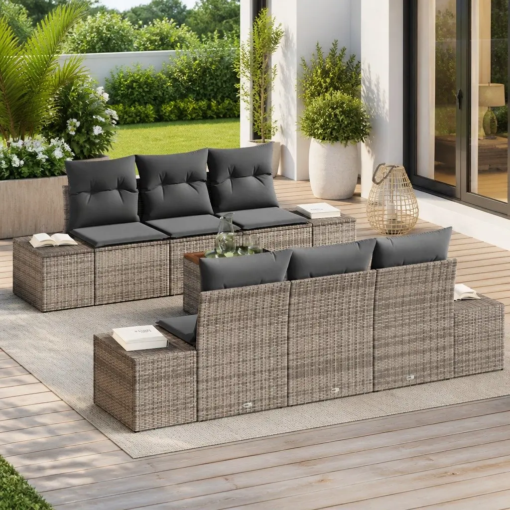 Modular Garden Sofa Set 7 Piece Contemporary Grey Poly Rattan with Storage