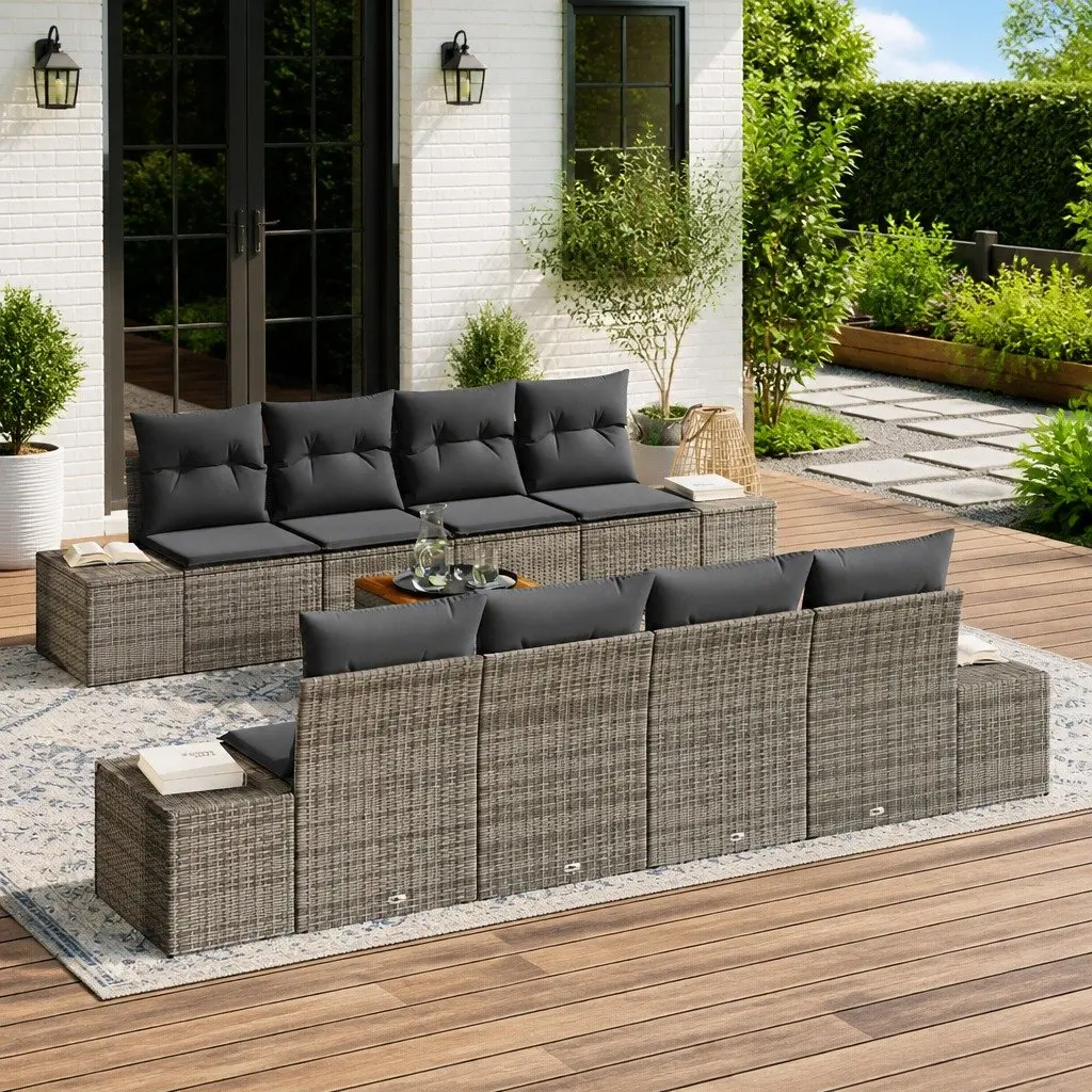 Modular Garden Sofa Set Grey 9 Piece Outdoor Furniture Poly Rattan
