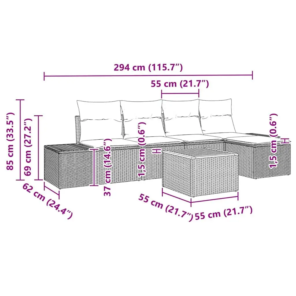 Modular Grey Poly Rattan Garden Sofa Set 6 Piece Outdoor Furniture with Storage Table and Cushions