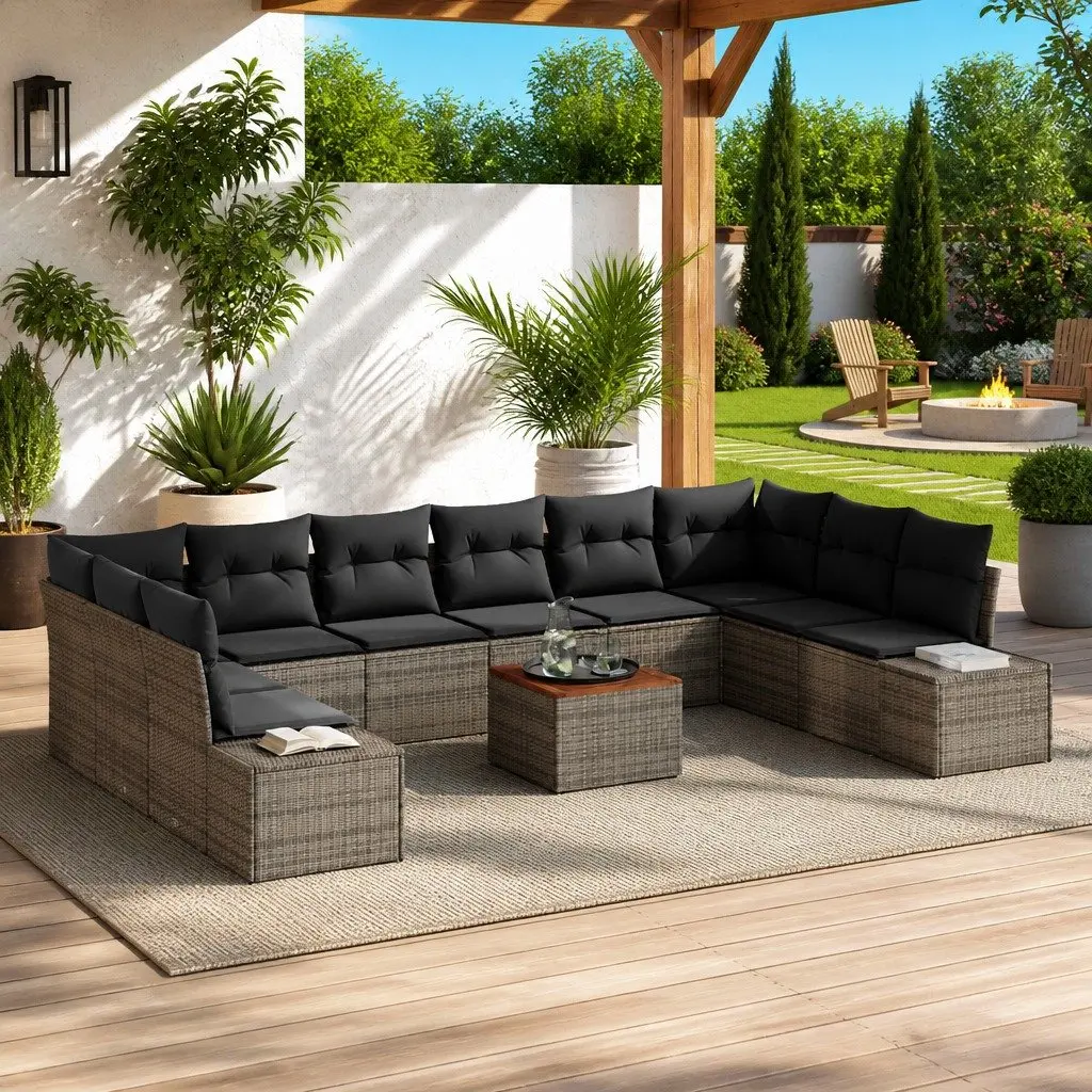 Modular Outdoor Garden Sofa Set 11 Pieces Rattan Steel Wood Grey