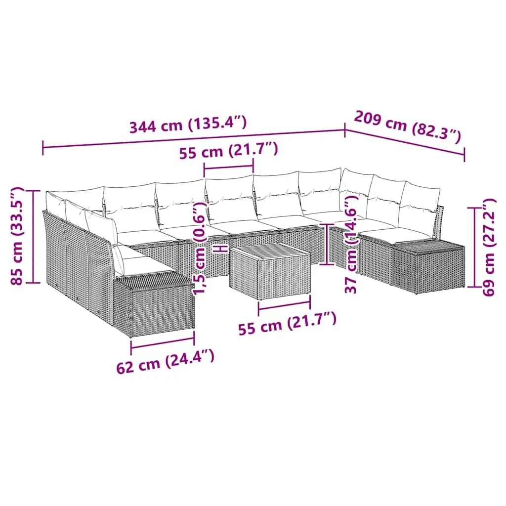 Modular Outdoor Garden Sofa Set 11 Pieces Rattan Steel Wood Grey