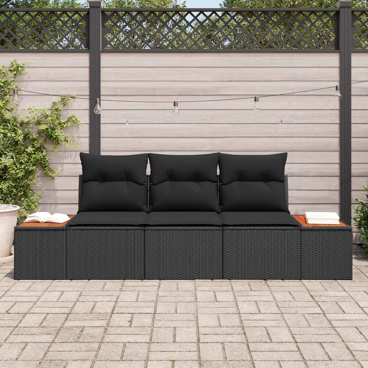 Outdoor Seating Sofa Set Modular Black Poly Rattan 3 Piece with Cushions and Storage