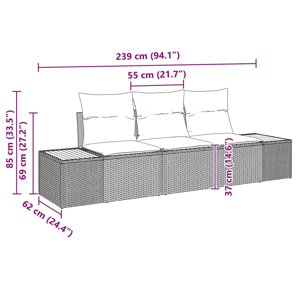 Outdoor Seating Sofa Set Modular Black Poly Rattan 3 Piece with Cushions and Storage