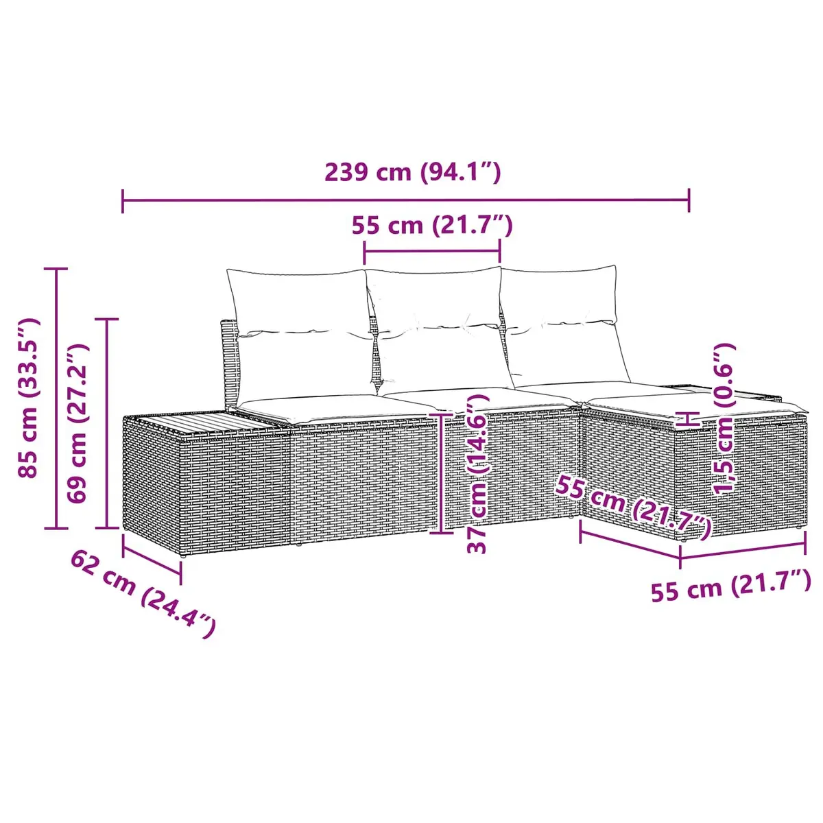 Outdoor Garden Sofa Set Modular Black Poly Rattan 4 Piece