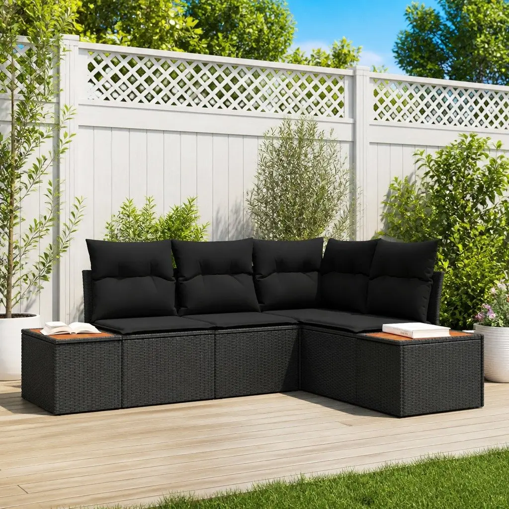 Outdoor Garden Sofa Set 4 Piece Modular Rattan Seating with Cushions Black