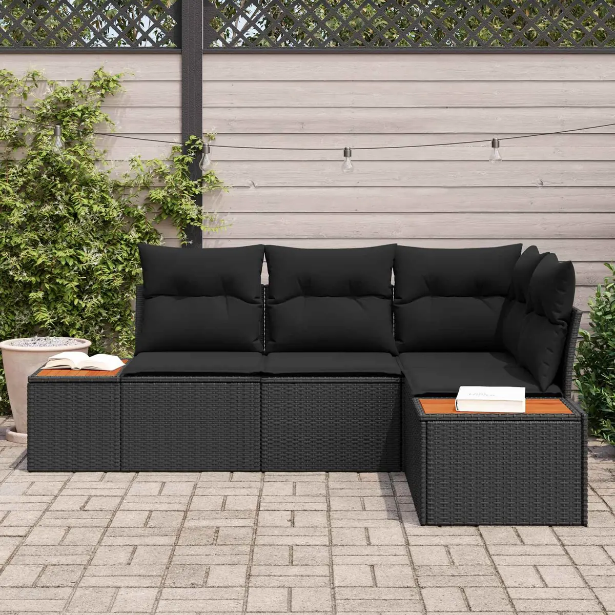 Outdoor Garden Sofa Set 4 Piece Modular Rattan Seating with Cushions Black
