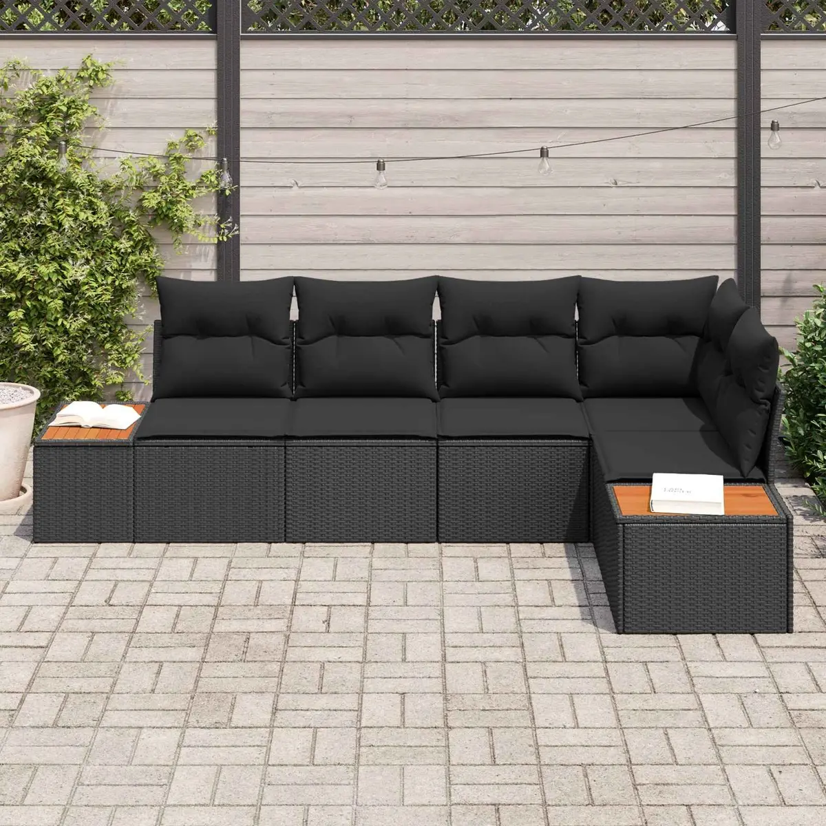 Modular Garden Sofa Set 5 Piece Black Poly Rattan Outdoor Seating