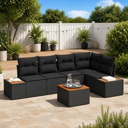 Garden Sofa Set 6 Pcs Black Poly Rattan Modular Outdoor Seating with Cushions