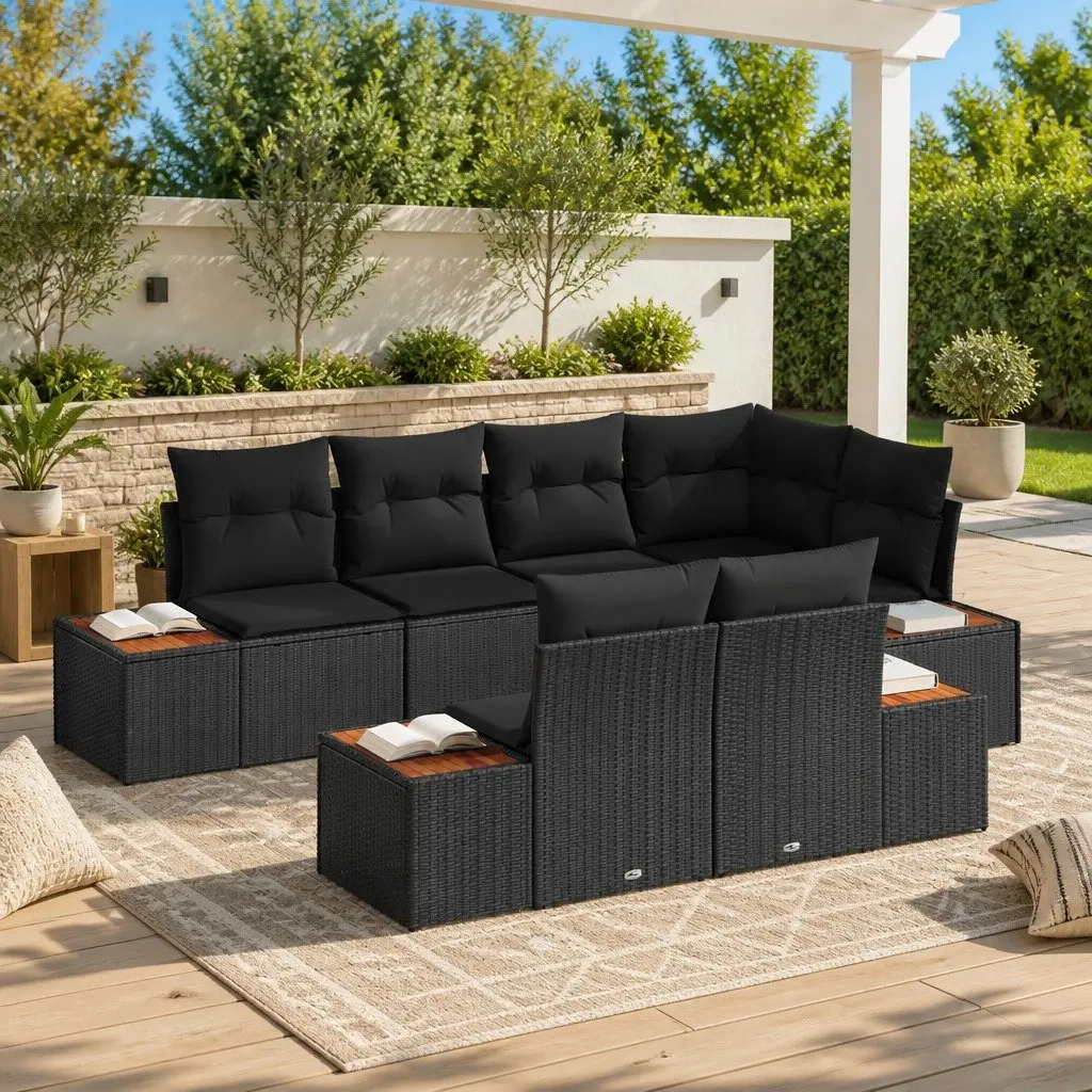 Outdoor Garden Sofa Set Modular Black 7 Piece Poly Rattan Lounge Seating