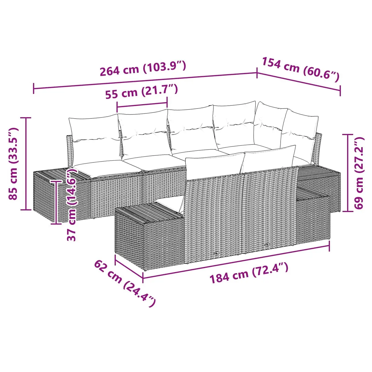 Outdoor Garden Sofa Set Modular Black 7 Piece Poly Rattan Lounge Seating