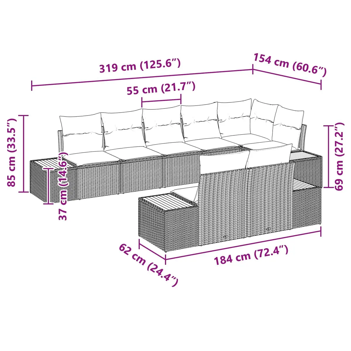Outdoor Garden Sofa Set Modular Black Poly Rattan 8 Pieces