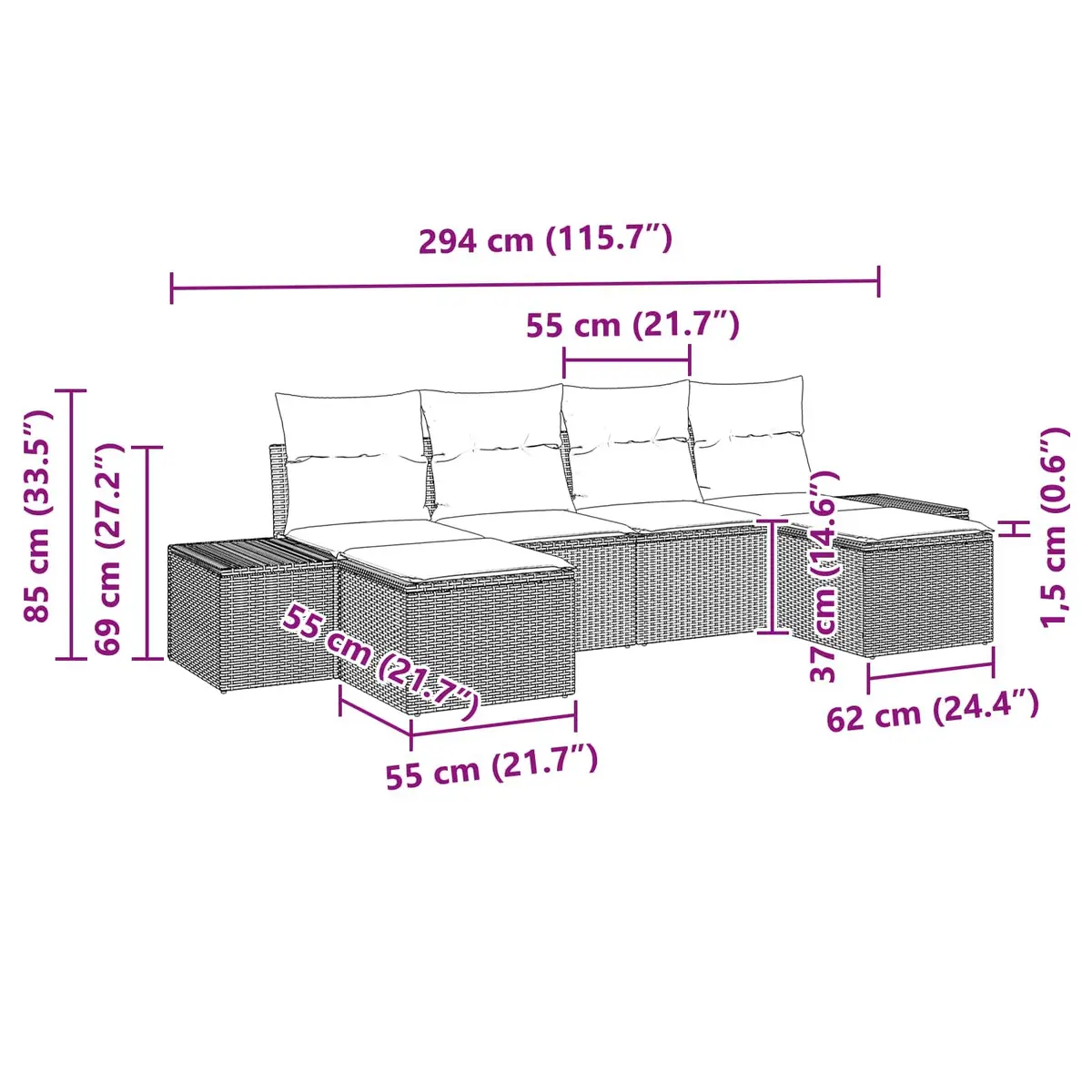 Outdoor Garden Sofa Set Modular Black Poly Rattan 6 Piece