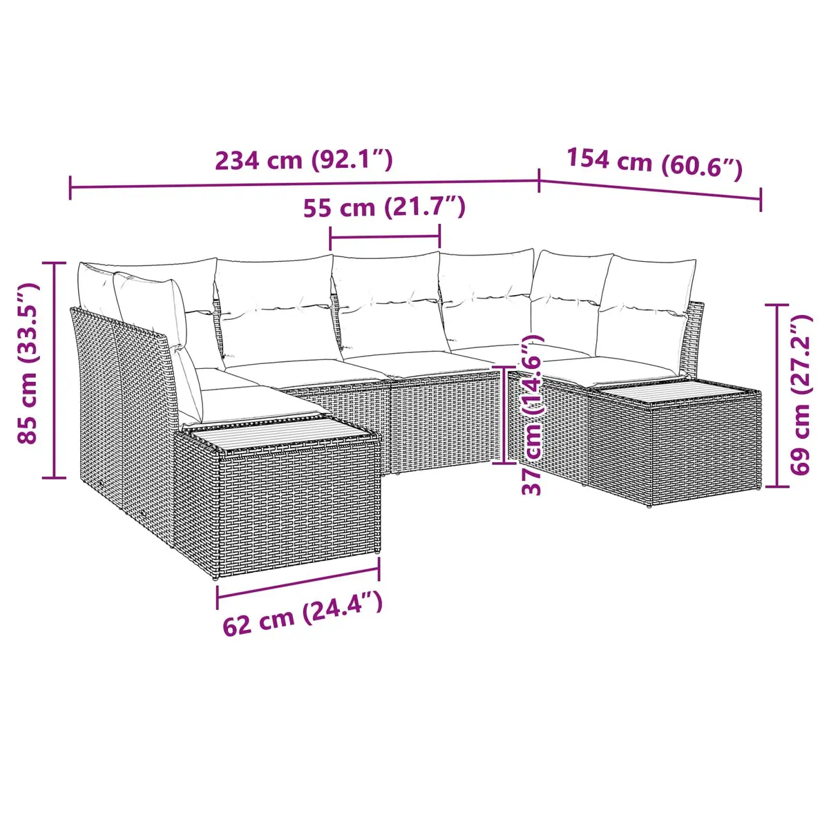 Outdoor Sofa Set 6 Piece Modular Garden Seating Black Poly Rattan Furniture