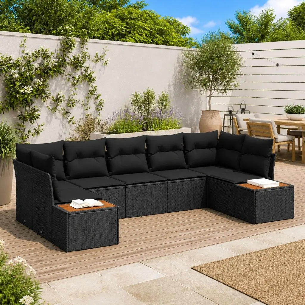 Modular Garden Sofa Set 7 pcs Black Poly Rattan Outdoor Patio Furniture with