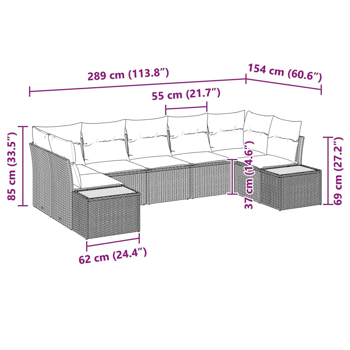 Modular Garden Sofa Set 7 pcs Black Poly Rattan Outdoor Patio Furniture with