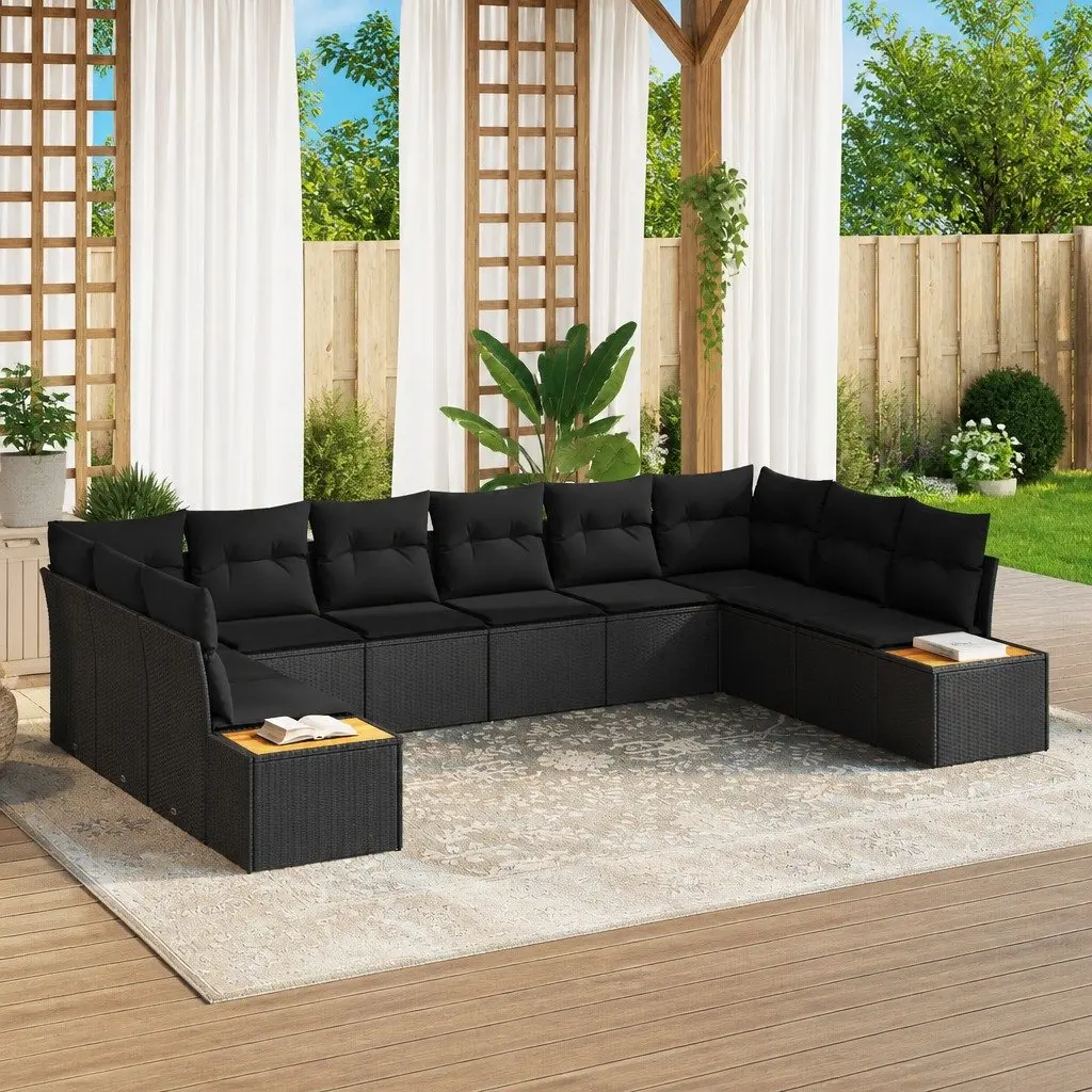 Modular Outdoor Garden Sofa Set Black Poly Rattan 10 Pieces with Cushions