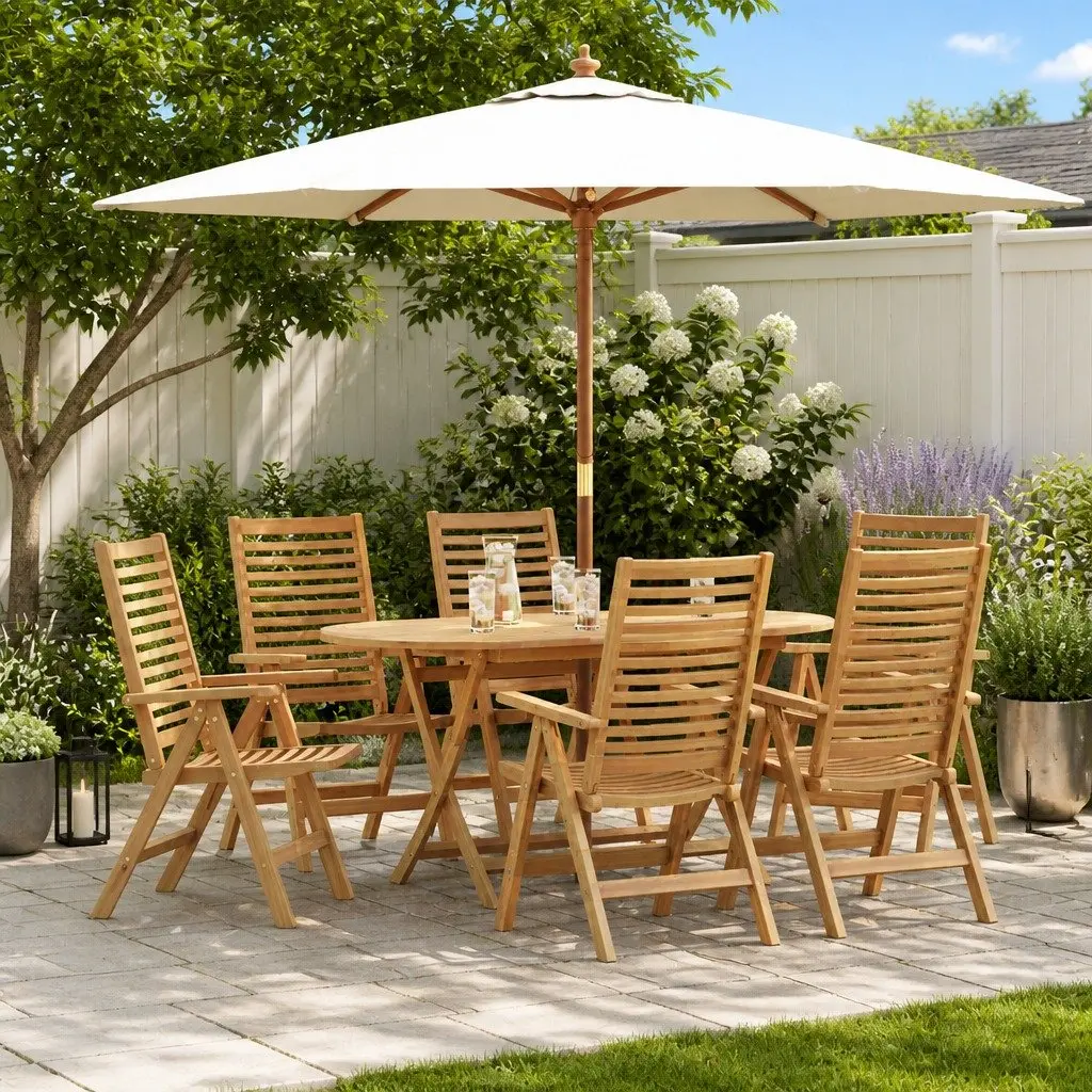 Garden Dining Set Contemporary Brown Teak Wood 7 Piece Outdoor Furniture Table Chairs
