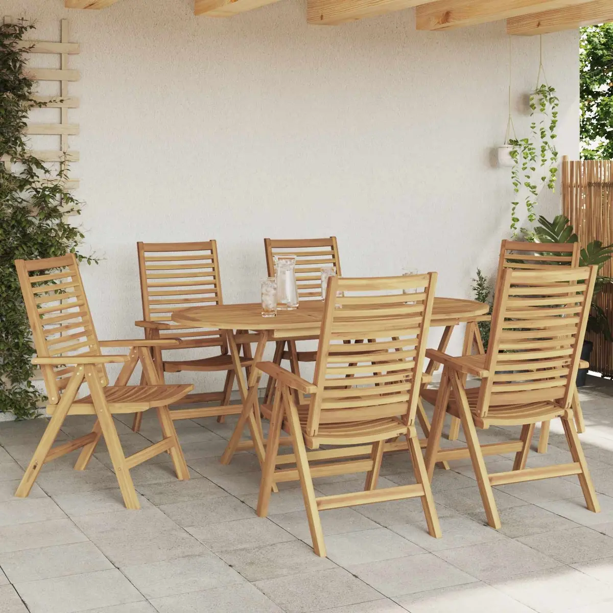 Garden Dining Set Contemporary Brown Teak Wood 7 Piece Outdoor Furniture Table Chairs