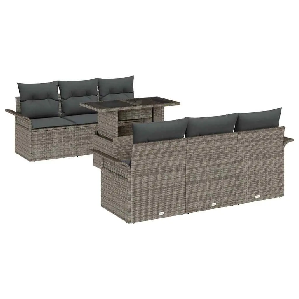 Outdoor Furniture Set 7 Piece Grey Poly Rattan Modular Sofa with Cushions and Glass Top Table for Patio and Garden