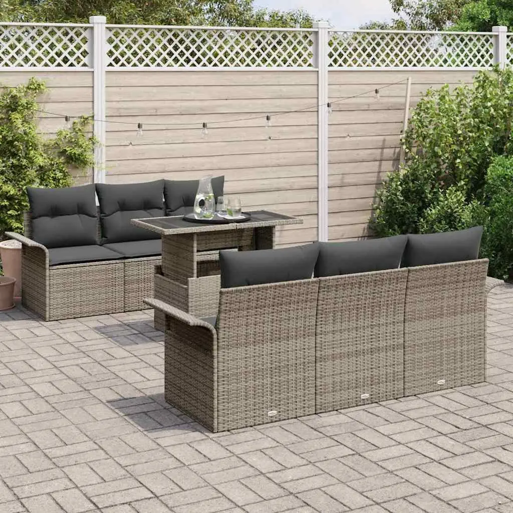 Outdoor Furniture Set 7 Piece Grey Poly Rattan Modular Sofa with Cushions and Glass Top Table for Patio and Garden