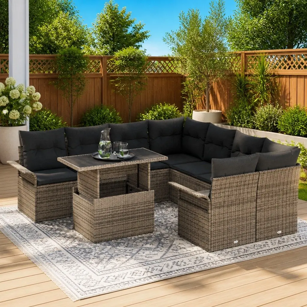 Modular Garden Sofa Set Grey Poly Rattan Outdoor Furniture 9 Piece