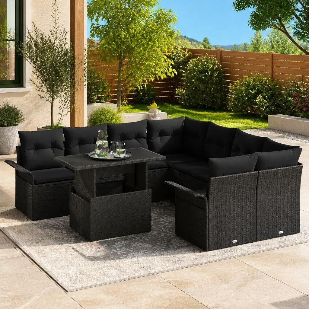 Garden Sofa Set Modular Outdoor Furniture 9 Pieces Black Poly Rattan Patio