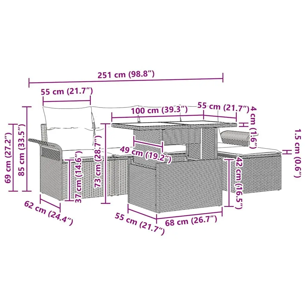 Outdoor Furniture Set 6 Piece Modular Grey Poly Rattan Garden Sofa with Cushions