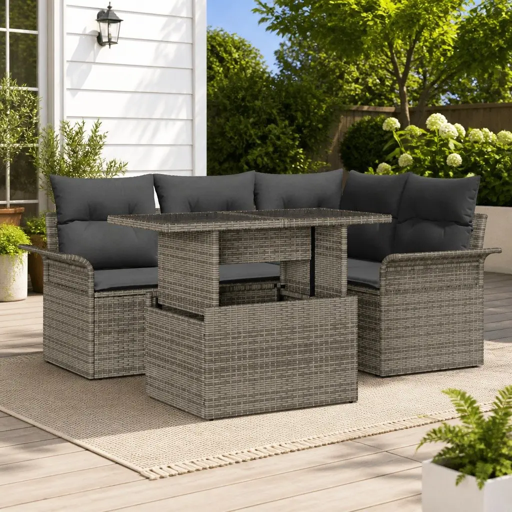 Garden Sofa Set Modular Outdoor Furniture Grey Poly Rattan 5 Piece with Cushions