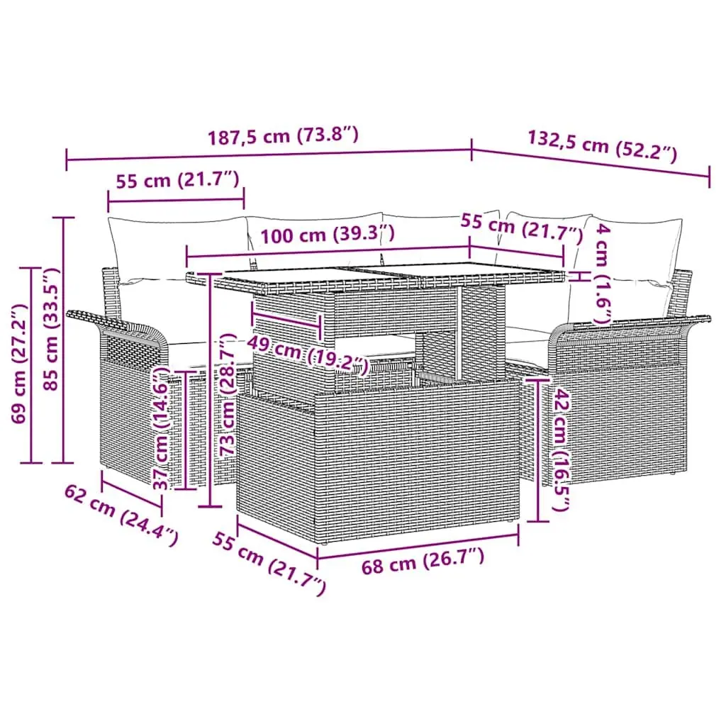 Garden Sofa Set Modular Outdoor Furniture Grey Poly Rattan 5 Piece with Cushions