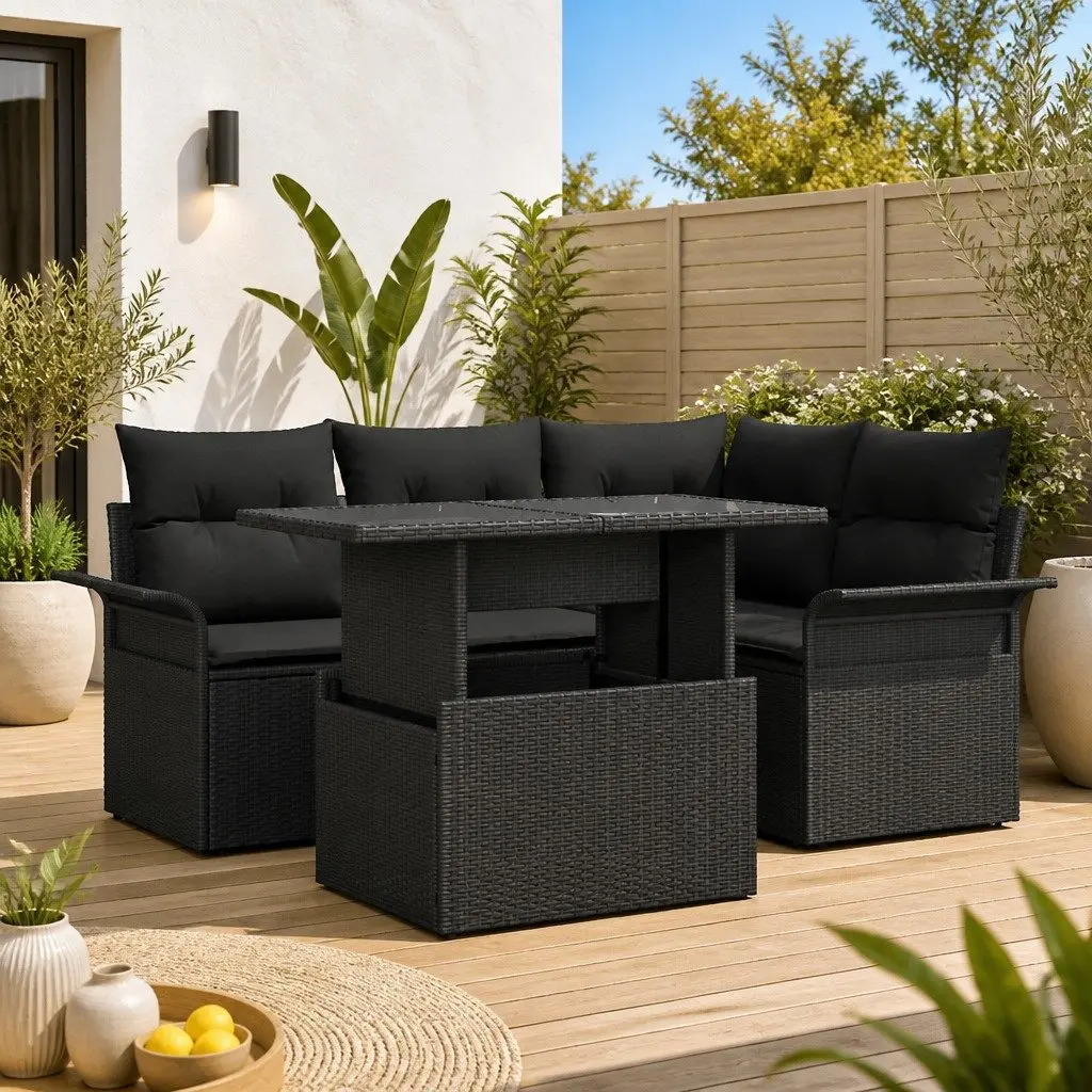 Modular Outdoor Garden Sofa Set 5 Piece Black Poly Rattan Lounge with Cushions
